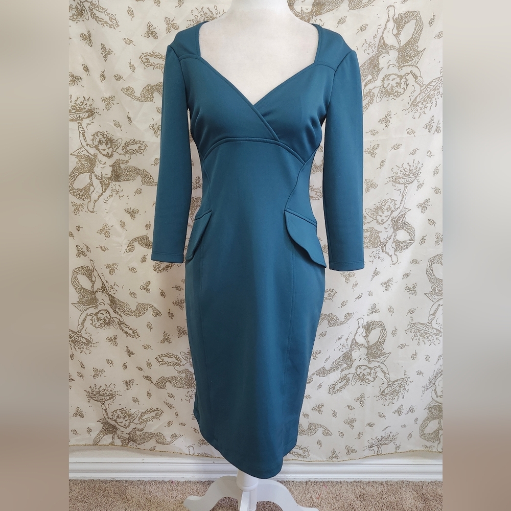 Teal Long Sleeve Secetary dress designed by Maggy London Sz 2